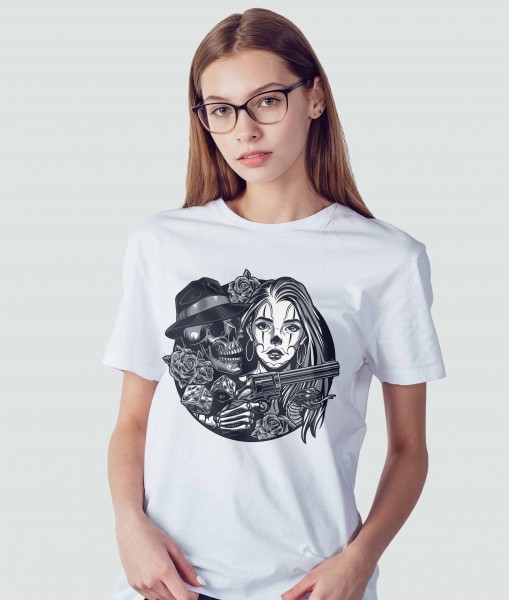 Дамска тениска с щампа Готика Mafia Skull And Woman - TShirtArtShop.com